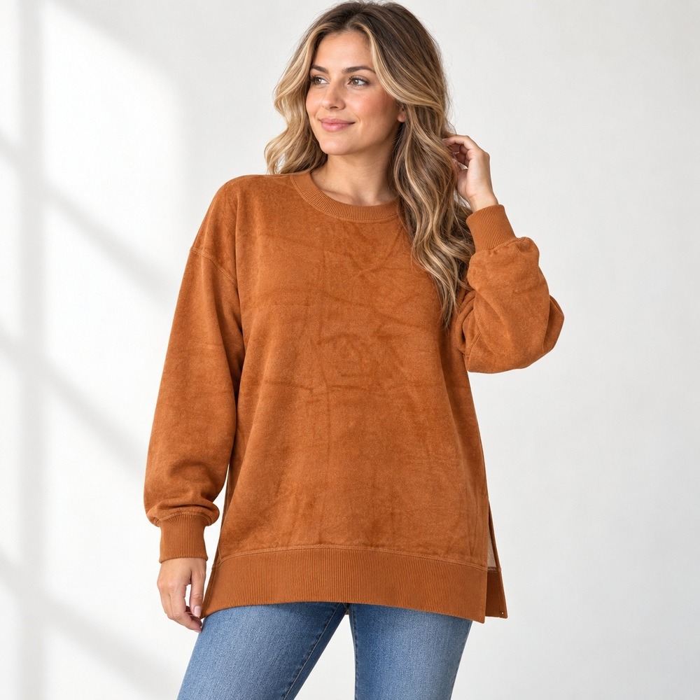 Aerie Oversized Desert Sweatshirt Womens XS Rust Brown Side Slit Crewneck